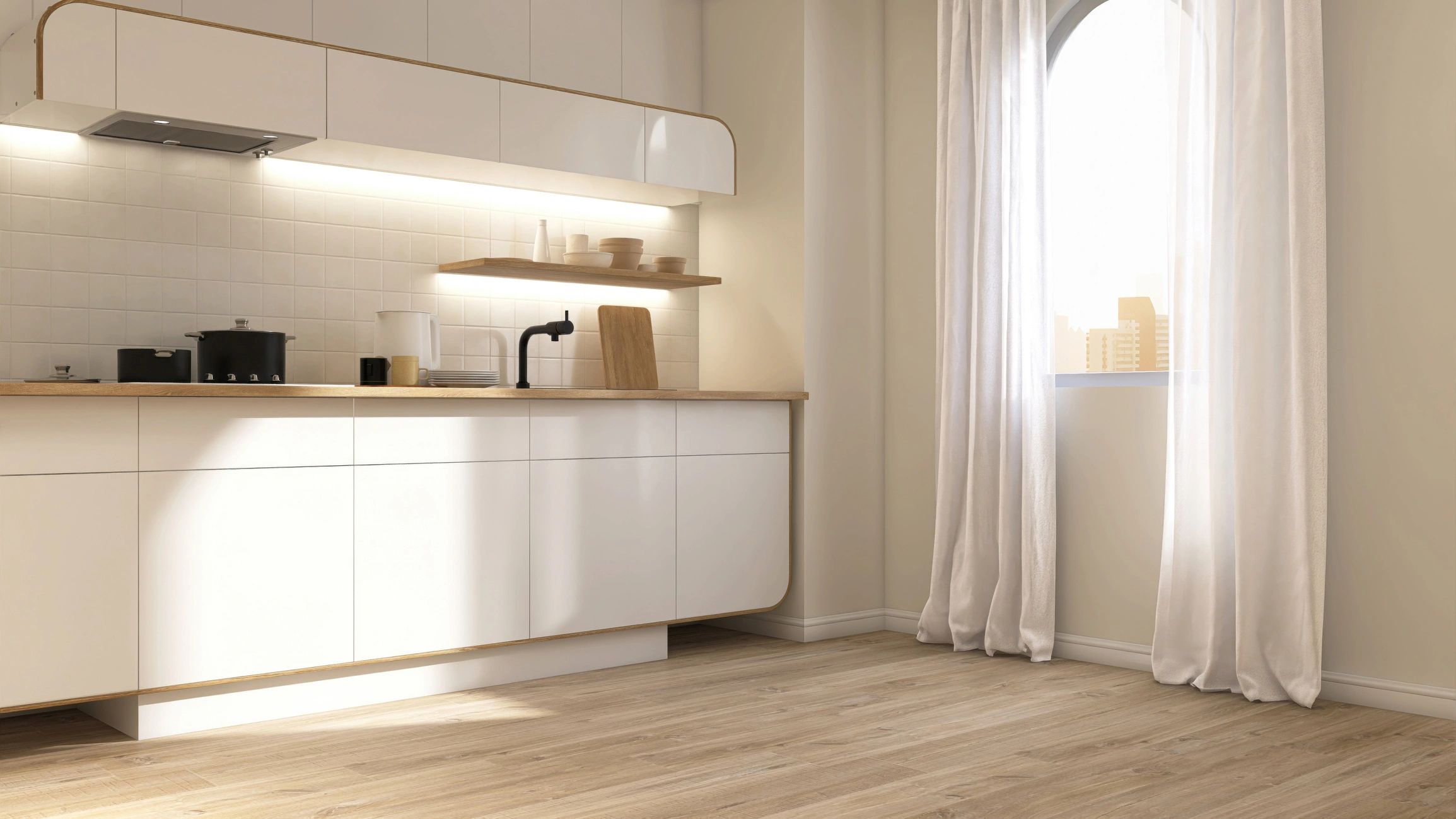 Bright minimal kitchen with warm neutral styling