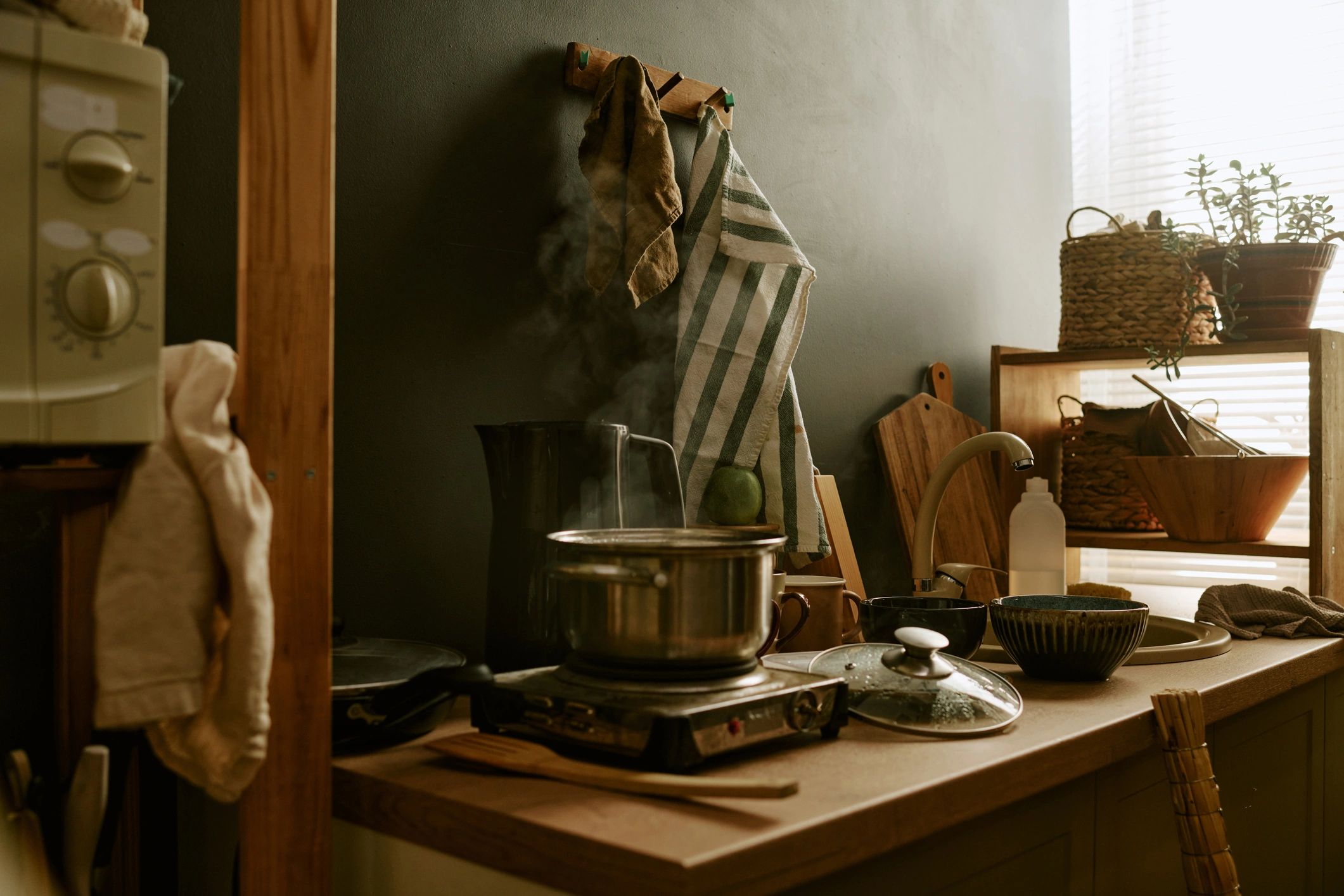 Cookware steaming in a home kitchen