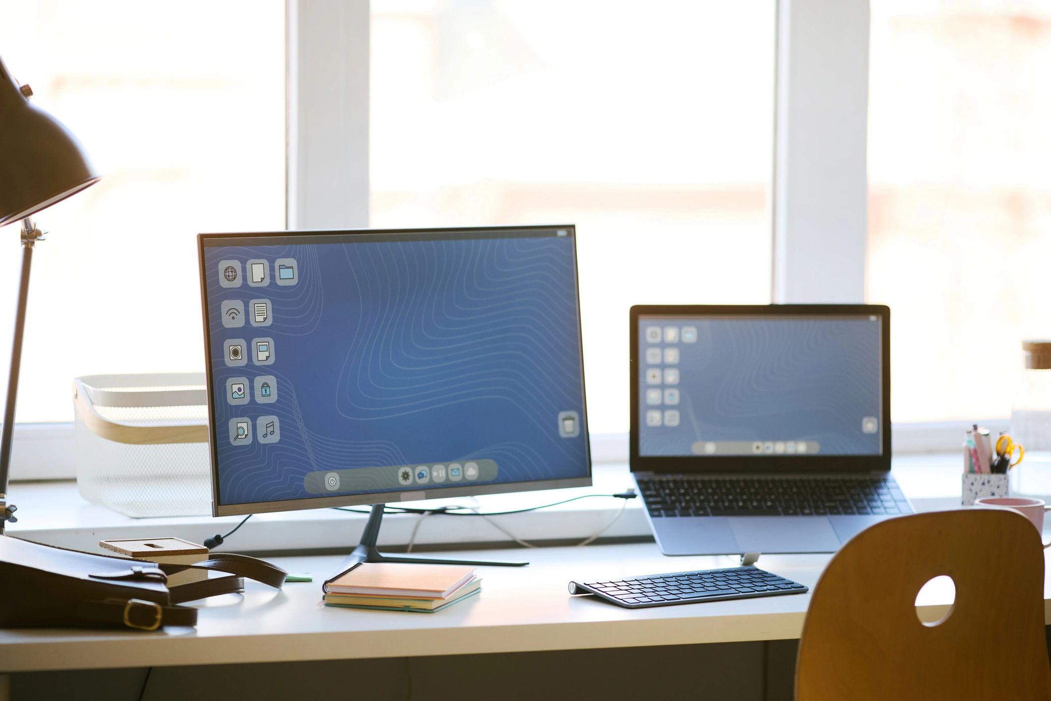 Organized home office workspace with desktop computer and laptop