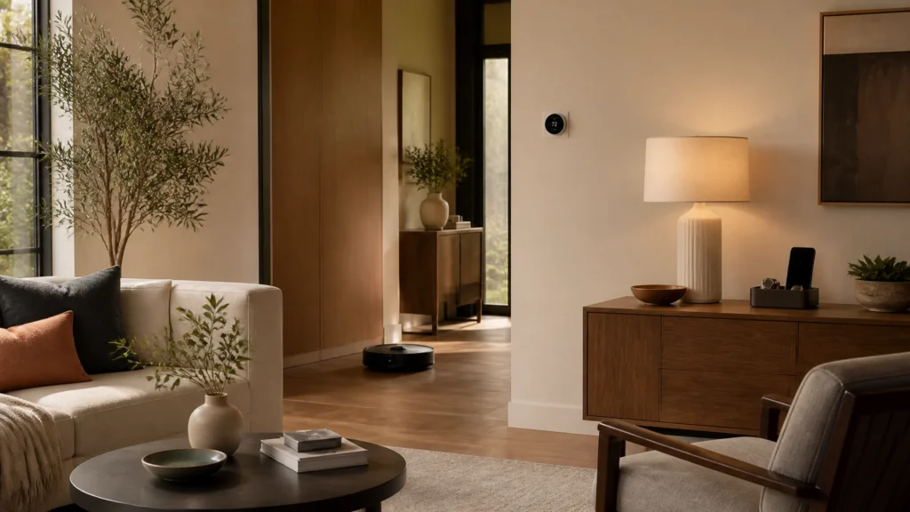 Smart-home devices simplifying everyday routines in a warm modern interior