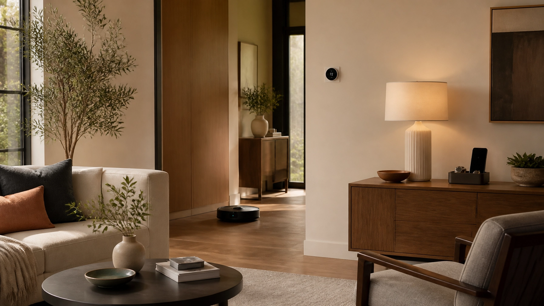 Smart-home devices simplifying everyday routines in a warm modern interior