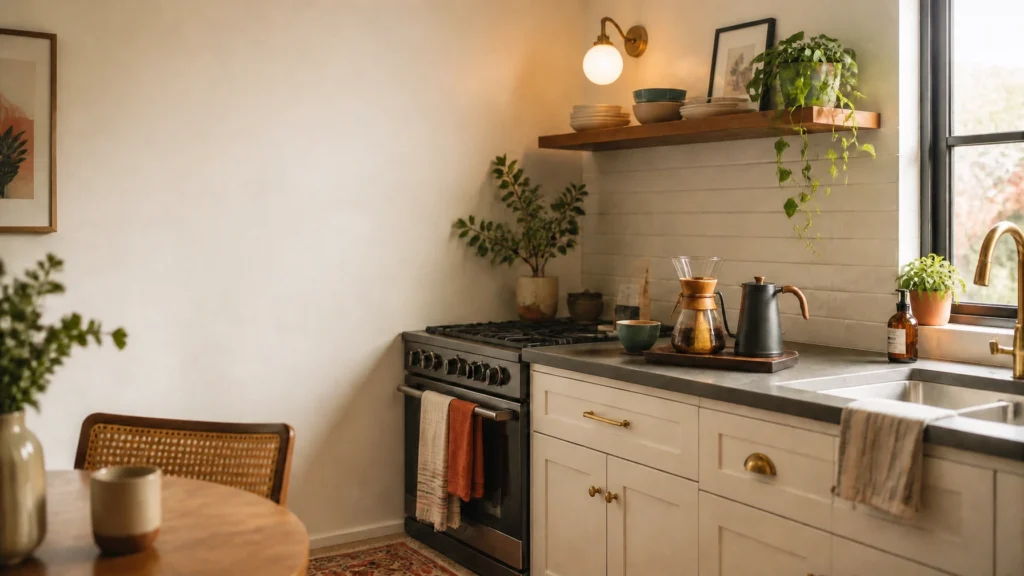 Organized compact kitchen with efficient storage and clear work surfaces