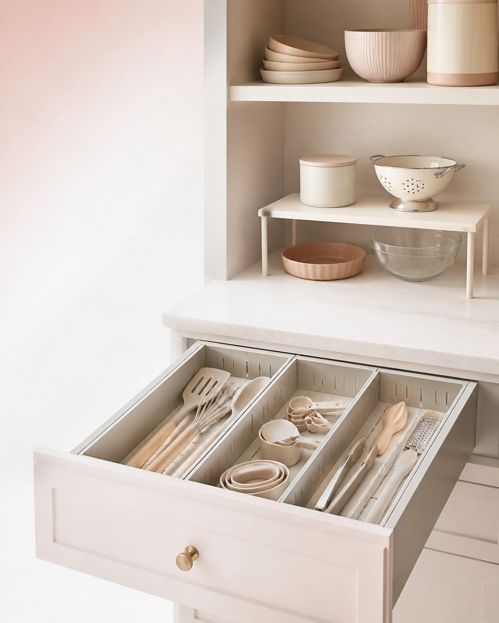 An organized kitchen drawer with adjustable dividers and compact cooking tools
