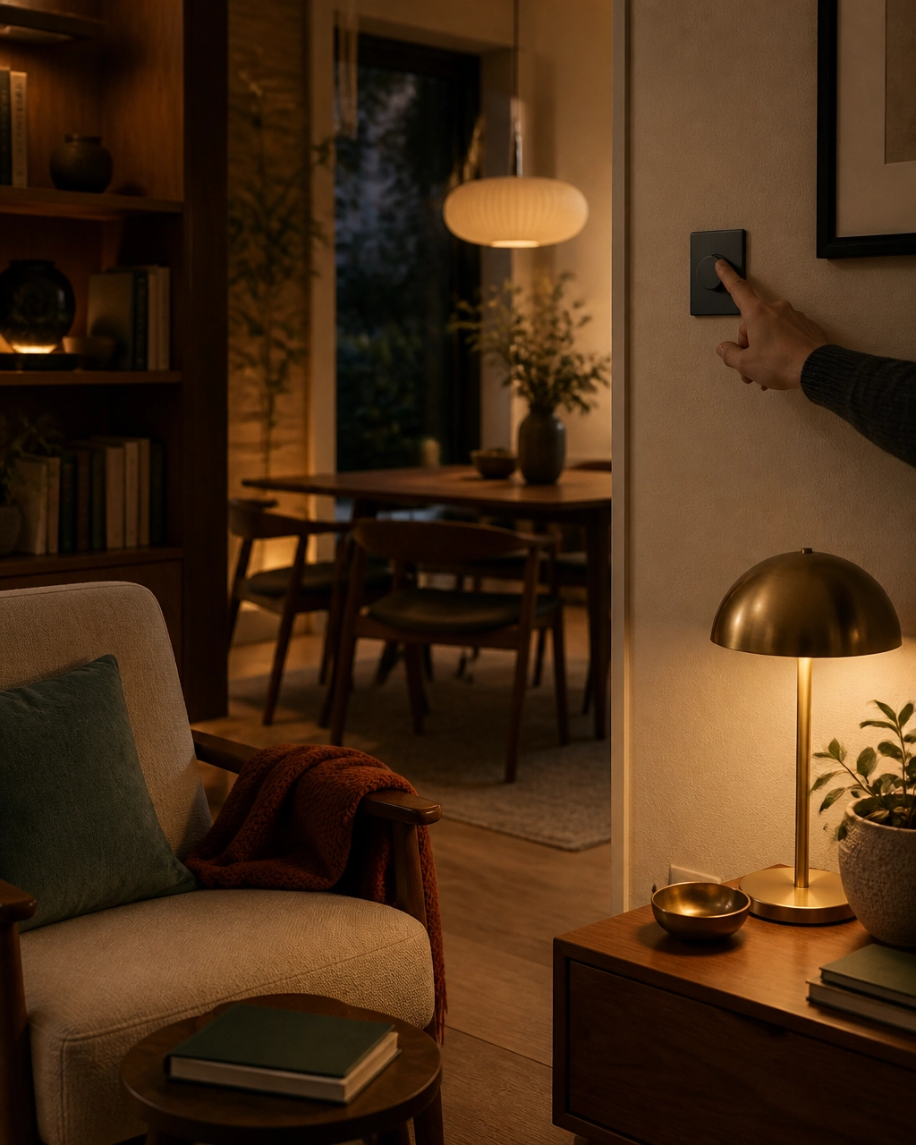 Hand adjusting a simple wall dimmer in a warm, comfortable home