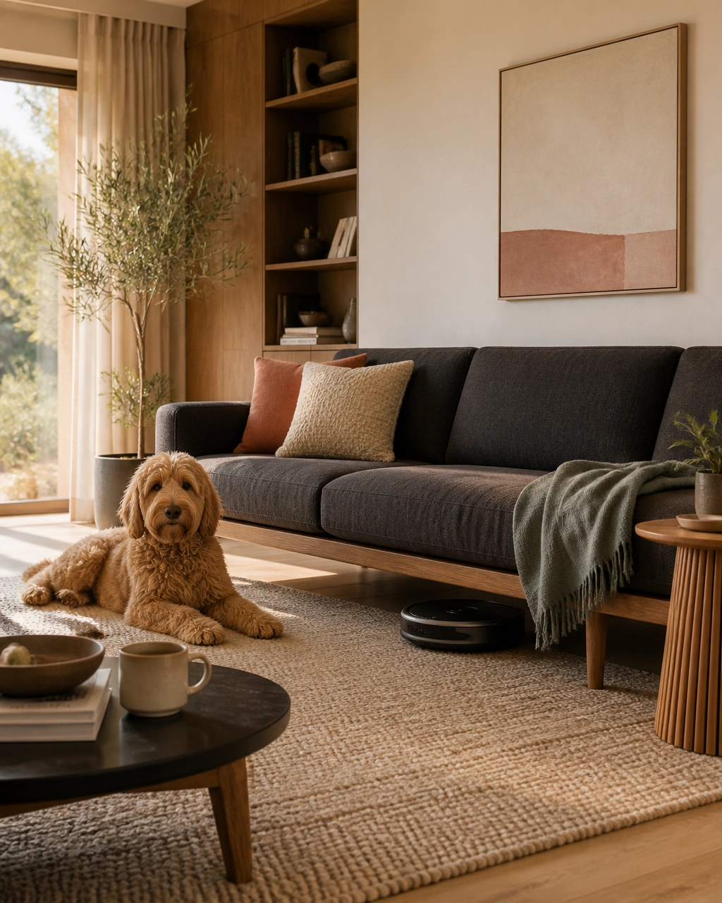 Robot vacuum cleaning beneath a sofa in a warm living room with a Goldendoodle nearby