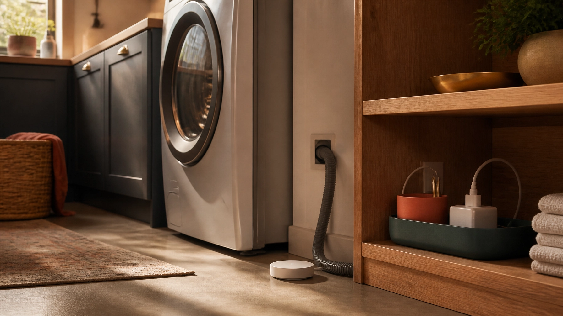 Discreet water leak sensor beside a washing machine hose and tidy charging area