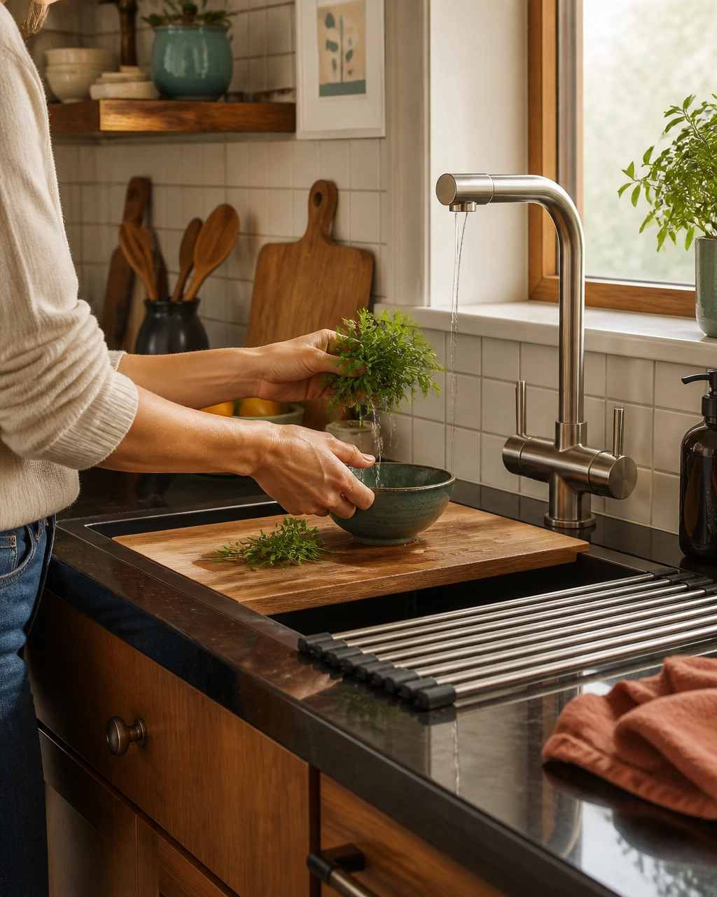 Over-sink cutting board and drying rack in a compact kitchen sink area