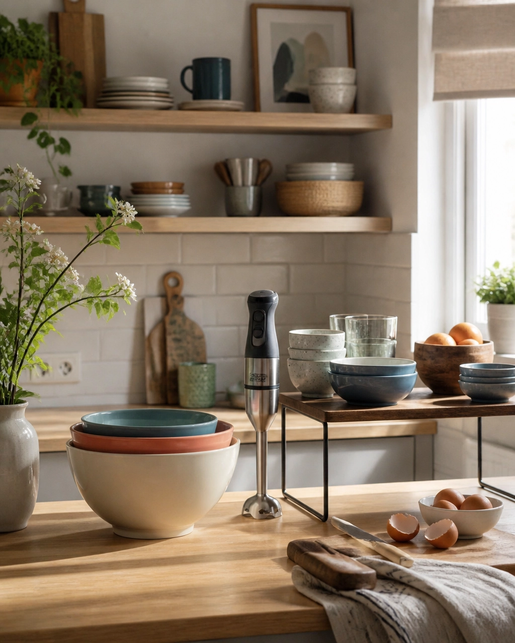 Nesting bowls, immersion blender, and compact kitchen storage in a warm editorial setting