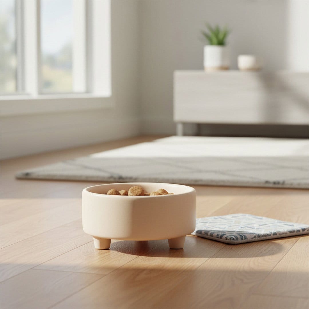 Gator & Phoebs Elevated Stoneware Pet Bowl in a warm neutral interior