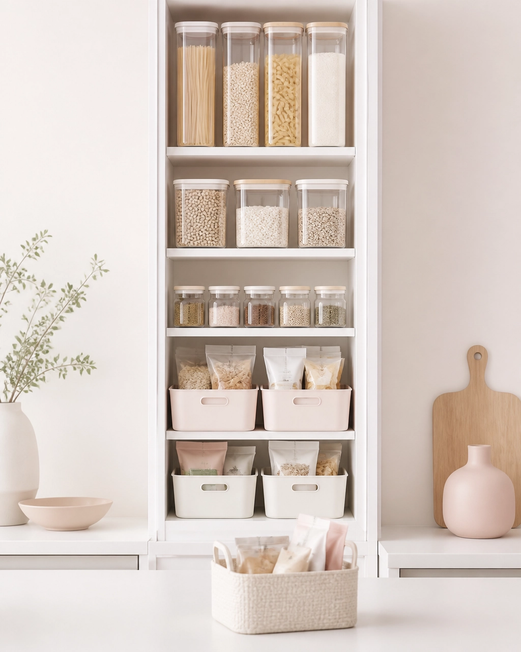 A narrow cabinet arranged with clear containers, grouped pantry staples, and a small use-first basket