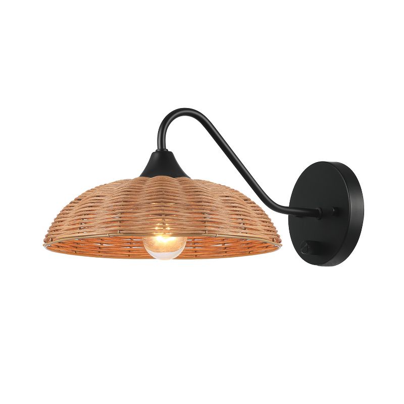Globe Electric matte black plug-in wall sconce with blonde paper twine shade