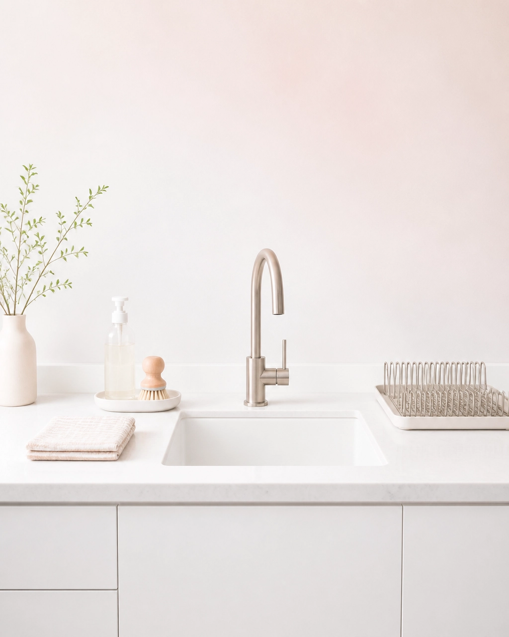 A clean sink area with a compact dish brush, folded towel, soap tray, and minimal drying rack