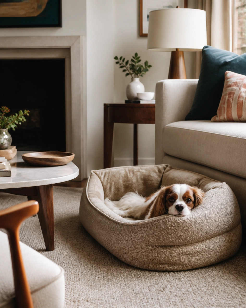 A Cavalier King Charles Spaniel resting in a comfortable neutral pet bed beside a warm, modern sofa