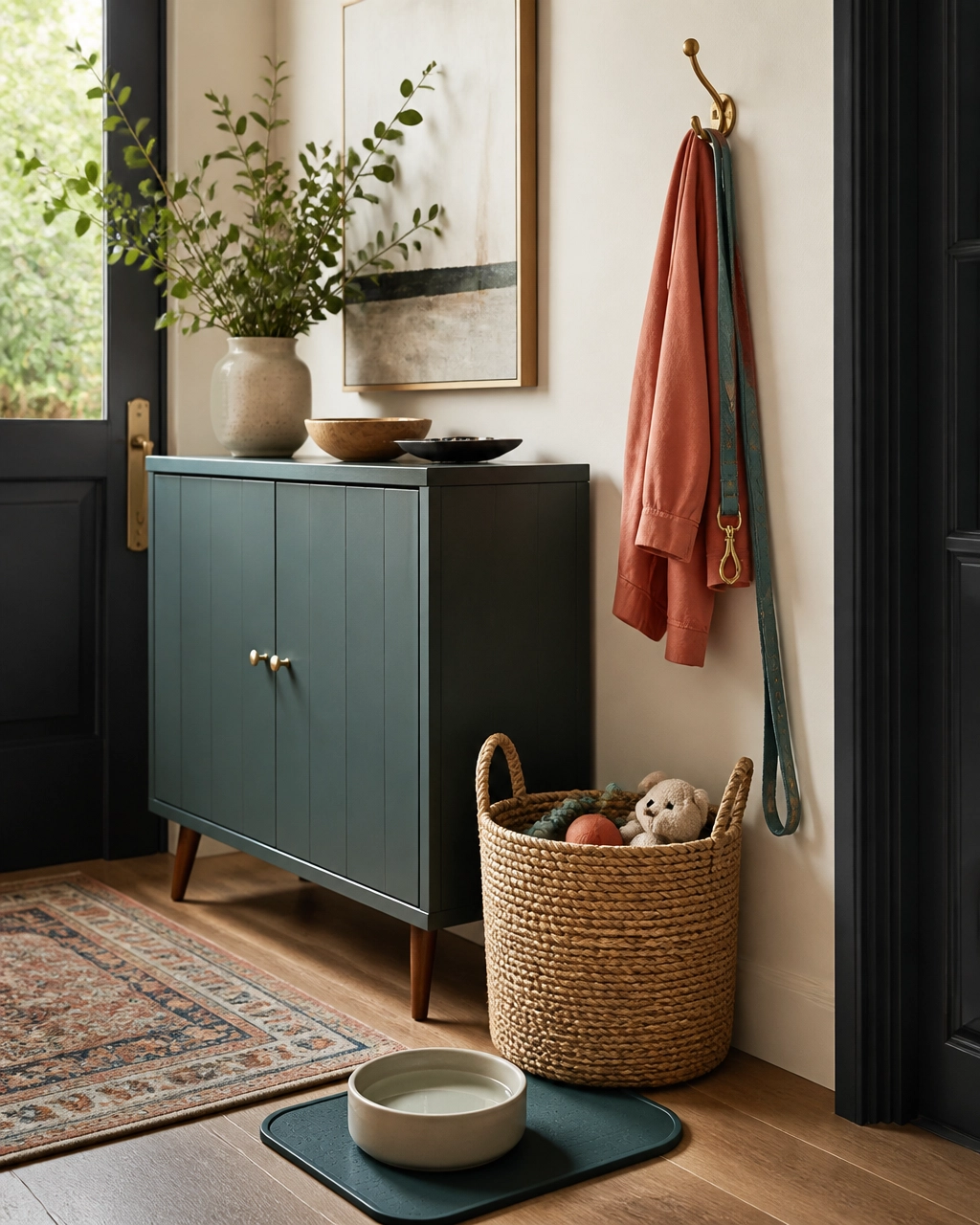 A warm entryway with a closed cabinet, woven basket, leash storage, and a pet water bowl arranged for everyday use