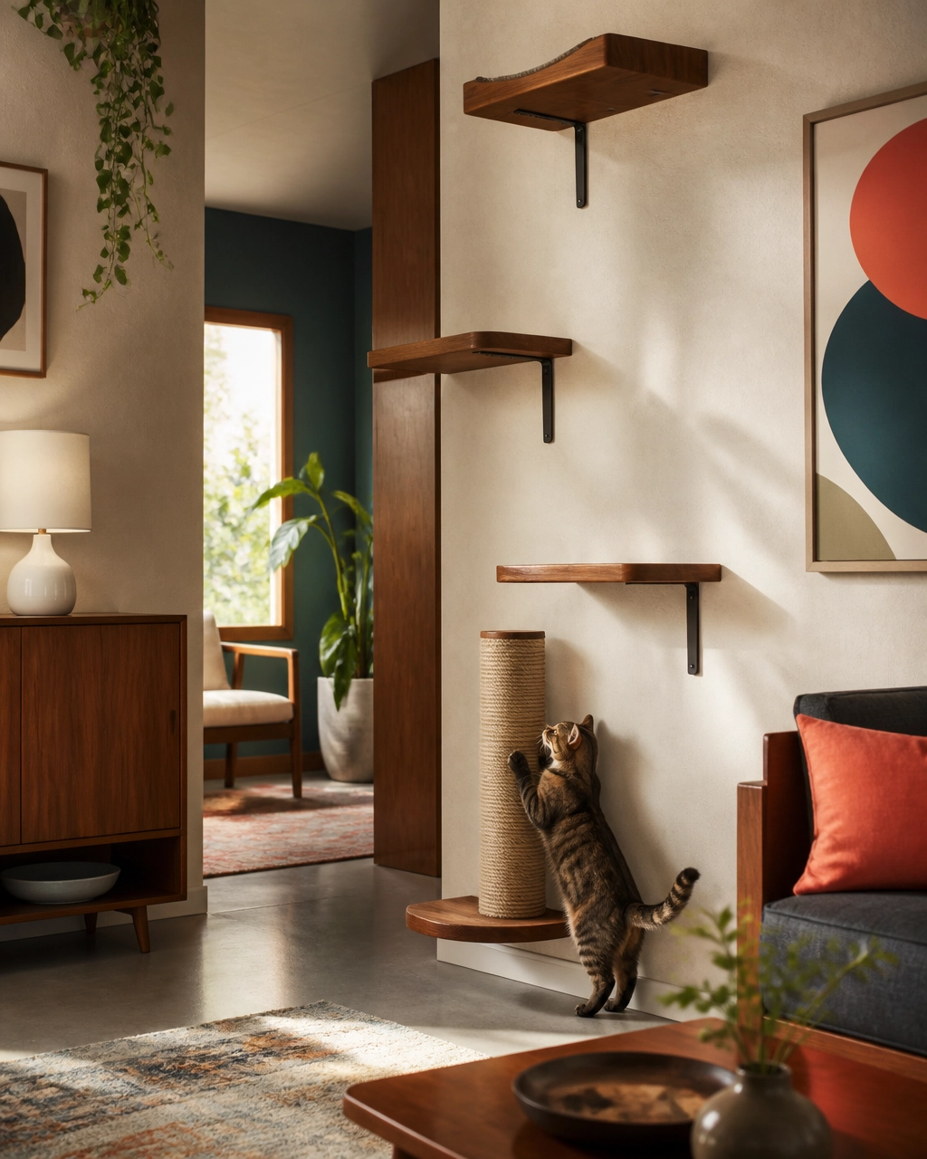 A content cat using a compact scratching post beneath an integrated wall-mounted shelf in a warm, modern living room