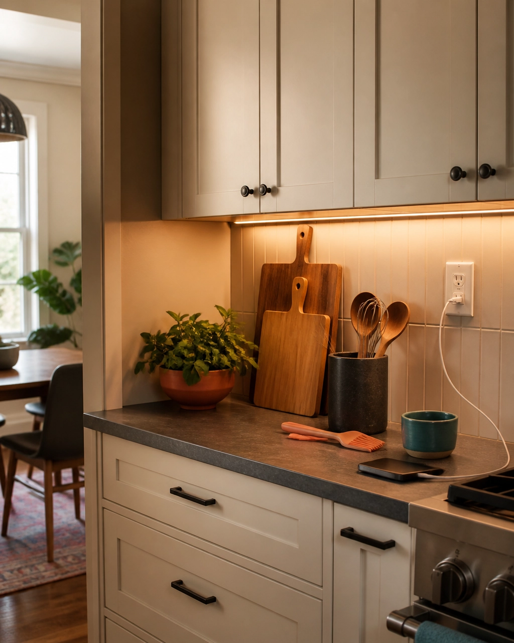 Warm kitchen work zone with practical under-cabinet lighting and useful counter space