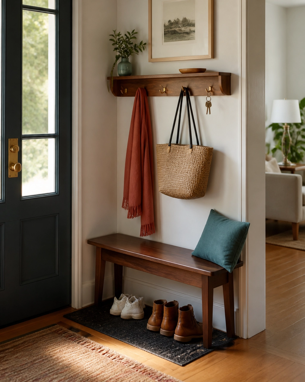 Compact entryway with a walnut bench, wall hooks, key tray, and restrained shoe storage