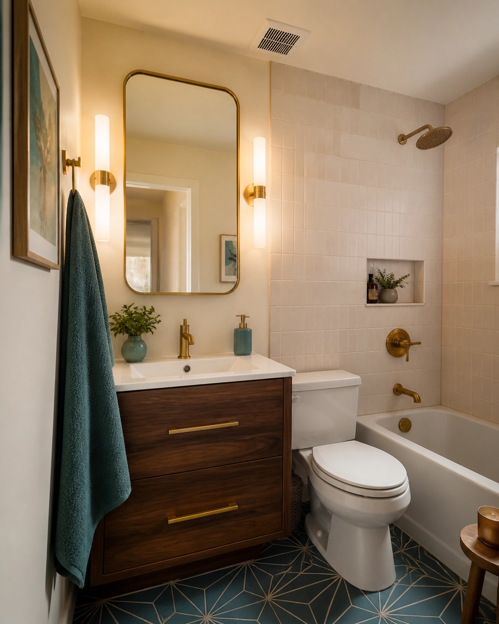 Calm small bathroom with useful vanity lighting, durable hardware, and discreet ventilation