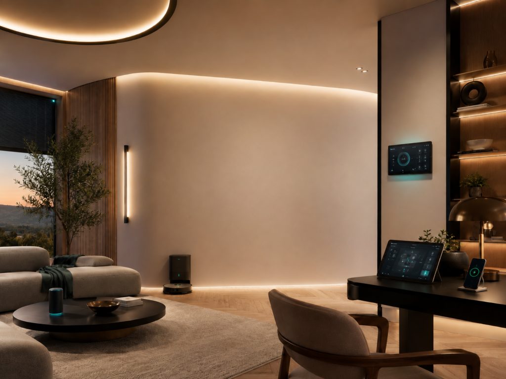 Modern home interior with integrated smart technology and automation controls