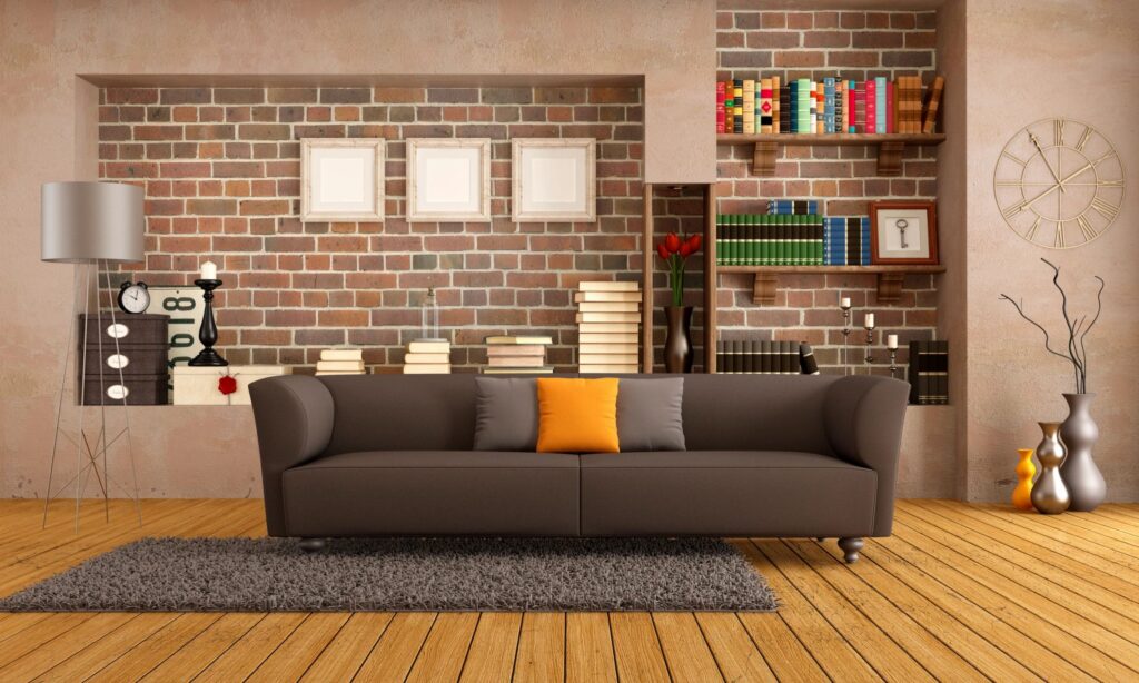 Warm modern living room with natural materials and comfortable seating
