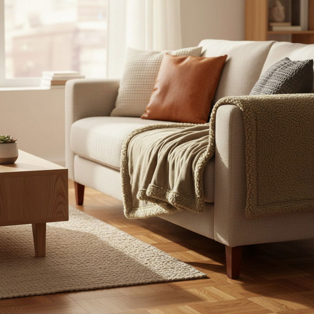 Waterproof sherpa pet throw draped over a modern sofa
