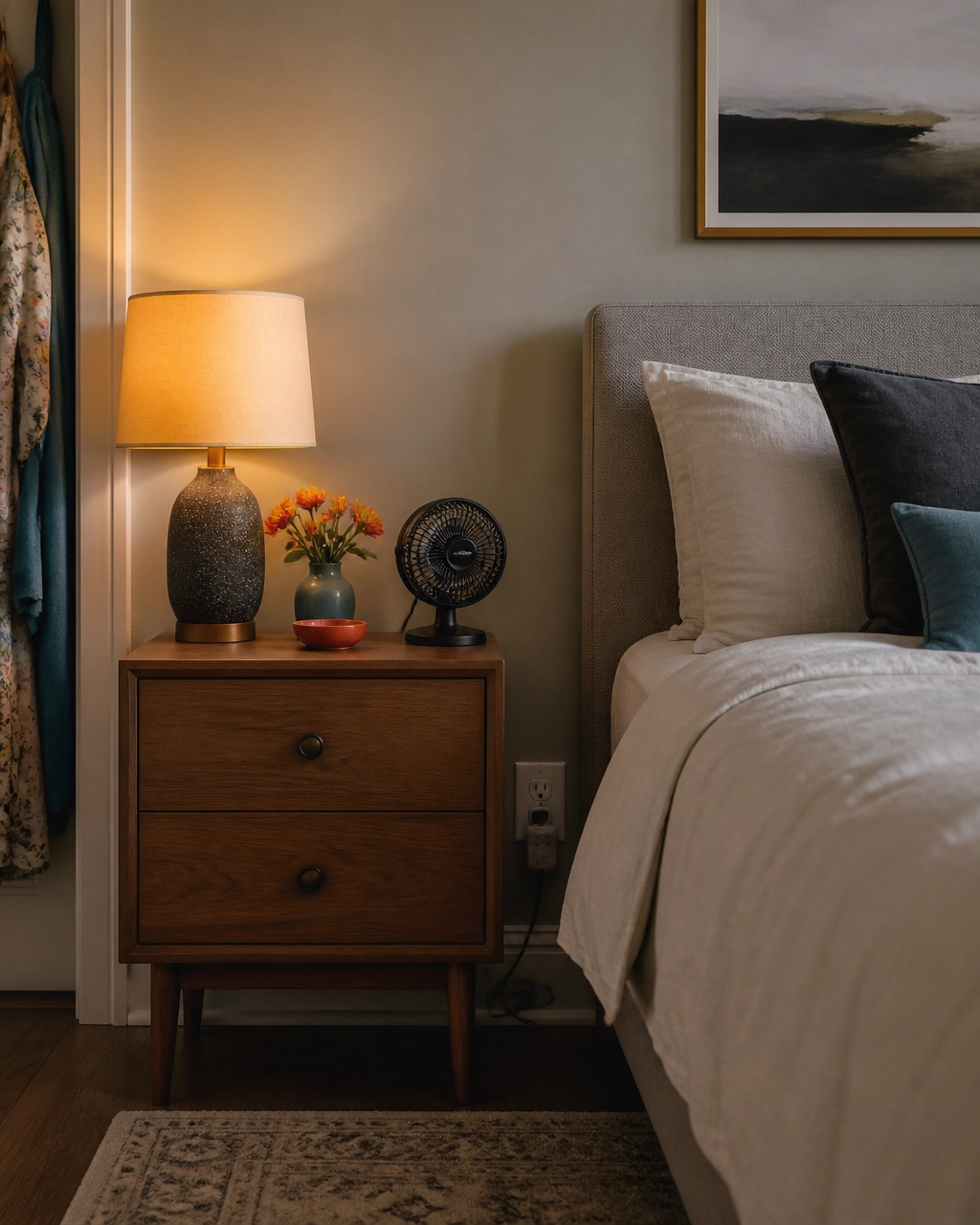 Bedside lamp and small fan in a calm bedroom with a discreet smart plug near the outlet
